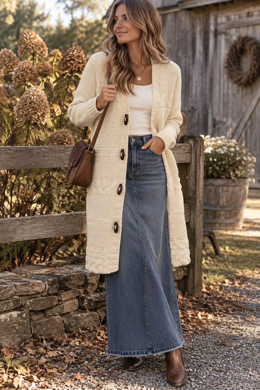 Ruff Hewn Cream Cable Knit Long Cardigan Wool Blend Toggle Sweater Cottage MP